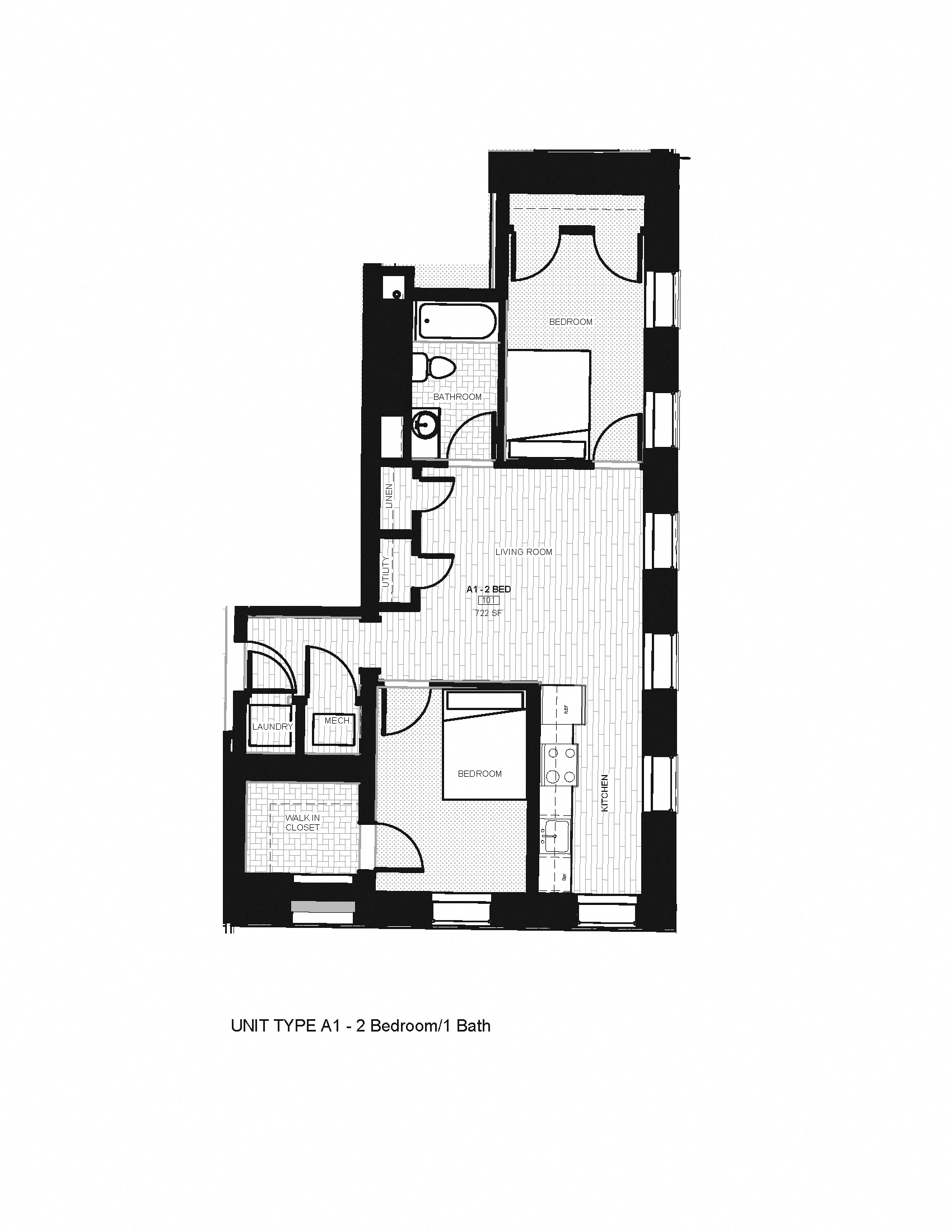 Floor plan for 2 beds, 1 bath, 779 sqft